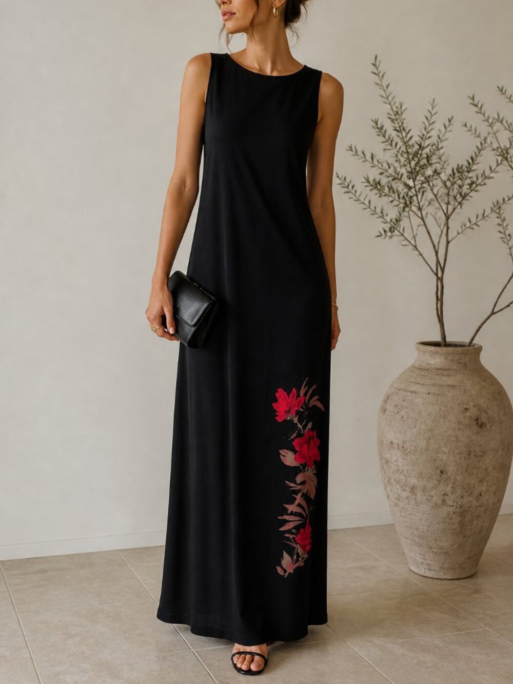 100% Silk Vintage Valerie Stevens Petites Black Maxi Dress Floral Accent PM 90s